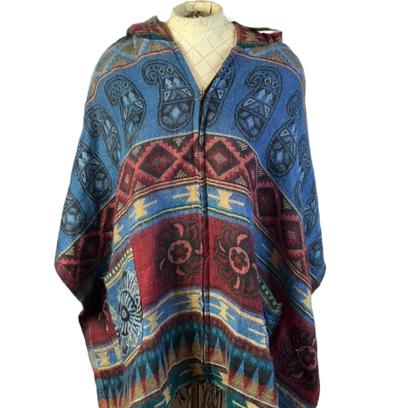 Rhea Jackets & Blazers - Rhea Boho Blue and Brown Shawl Poncho Fringe Zip Up with hood Oversized